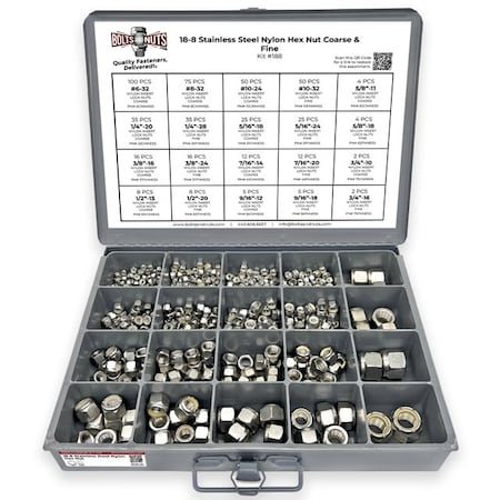 Boltsandnuts.Com Inch Stainless Steel Nylon Insert Hex Nut Coarse & Fine - 490 pcs Assortment Kit #188